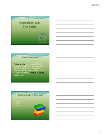 Closely  related to Family History (Why, How) .  Names  Dates  Places  1  9/26/2019