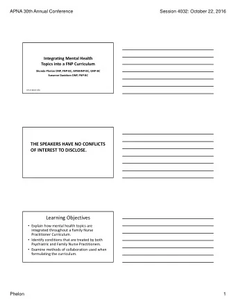 Learning Objectives  Explain how mental health topics are integrated throughout a Family Nurse