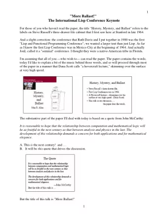 &quot;More Ballast!&quot; The International Lisp Conference Keynote  For those of you who haven't