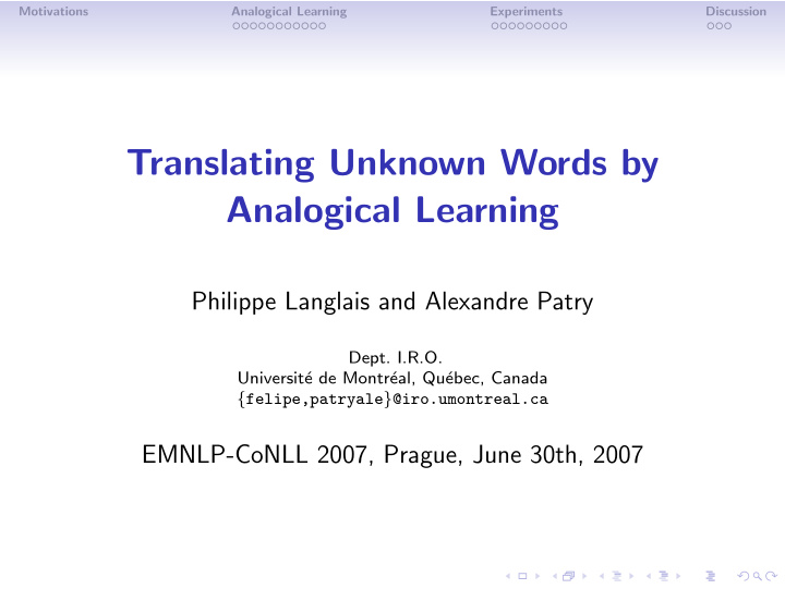 translating unknown words by analogical learning