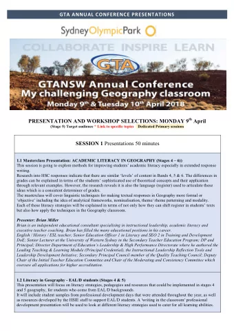 GTA ANNUAL CONFERENCE PRESENTATIONS PRESENTATION AND WORKSHOP SELECTIONS: MONDAY 9 th April  (Stage