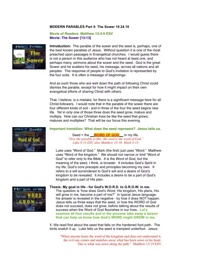modern parables part 5 the sower 10 24 10 movie of