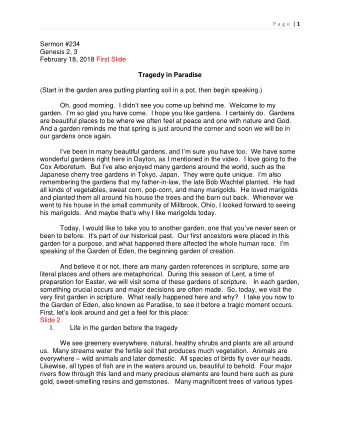 Sermon #234  Genesis 2, 3  February 18, 2018 First Slide  Tragedy in Paradise  (Start in the garden