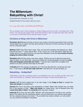 The Millennium:  Babysitting with Christ!  Norman Edwards, September 28, 2018  (English Standard