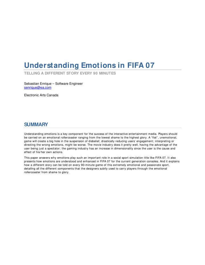 understanding emotions in fifa 07
