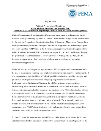 July 14, 2014  National Preparedness Directorate Acting Assistant Administrator Kathleen Foxs