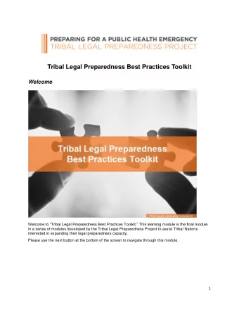 Tribal Legal Preparedness Best Practices Toolkit  Welcome  Welcome to Tribal Legal Preparedness