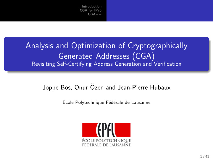 analysis and optimization of cryptographically generated