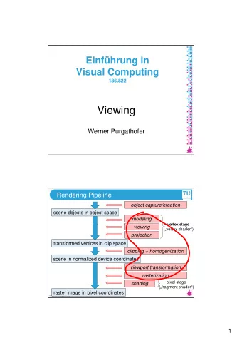 Viewing  Werner Purgathofer  Rendering Pipeline  object capture/creation  scene objects in object