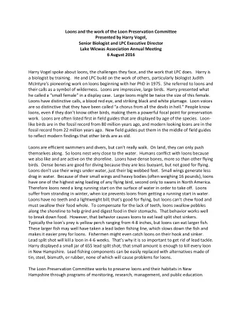 Loons and the work of the Loon Preservation Committee  Presented by Harry Vogel,  Senior Biologist