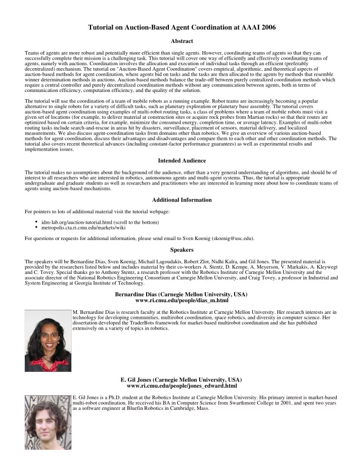 tutorial on auction based agent coordination at aaai 2006