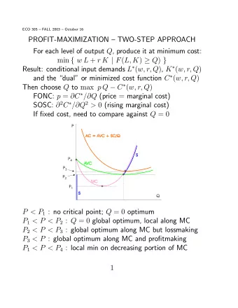 PROFIT-MAXIMIZATION  TWO-STEP APPROACH For each level of output Q , produce it at minimum cost: