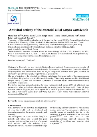 Mol2Net-04 Antiviral activity of the essential oil of conyza canadensis Manel Ben Ali 1, 2 *, Lobna