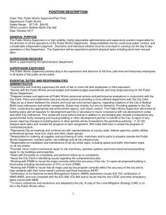 POSITION DESCRIPTION  Class Title: Public Works Supervisor/Part Time  Department: Public Works