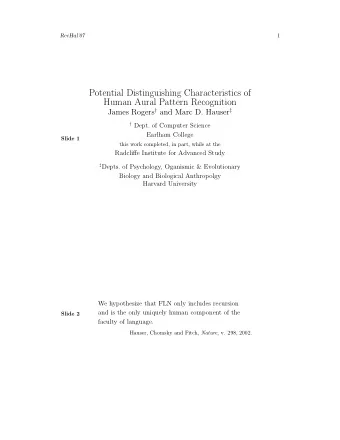 Potential Distinguishing Characteristics of  Human Aural Pattern Recognition James Rogers  and