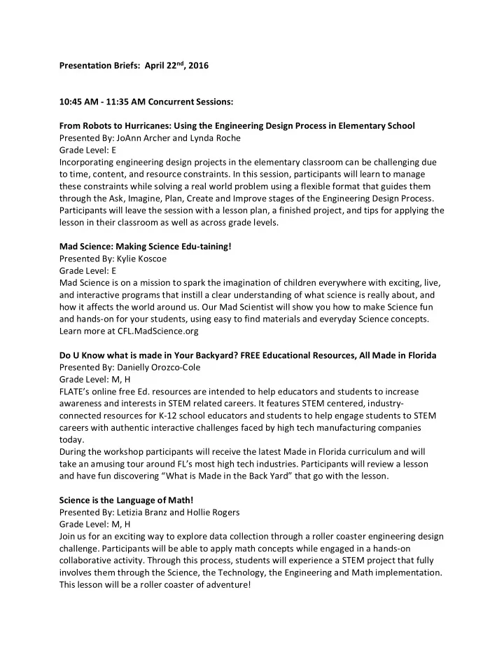 presentation briefs april 22 nd 2016 10 45 am 11 35 am