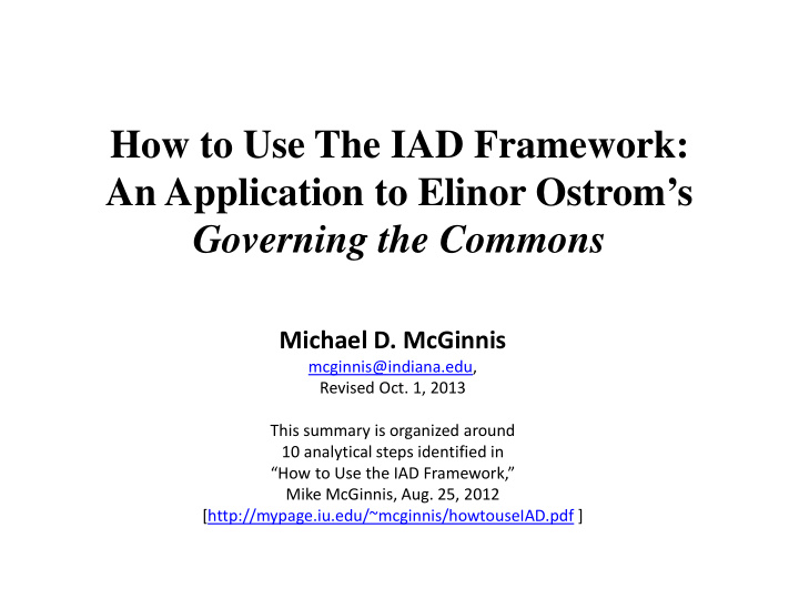 how to use the iad framework an application to elinor