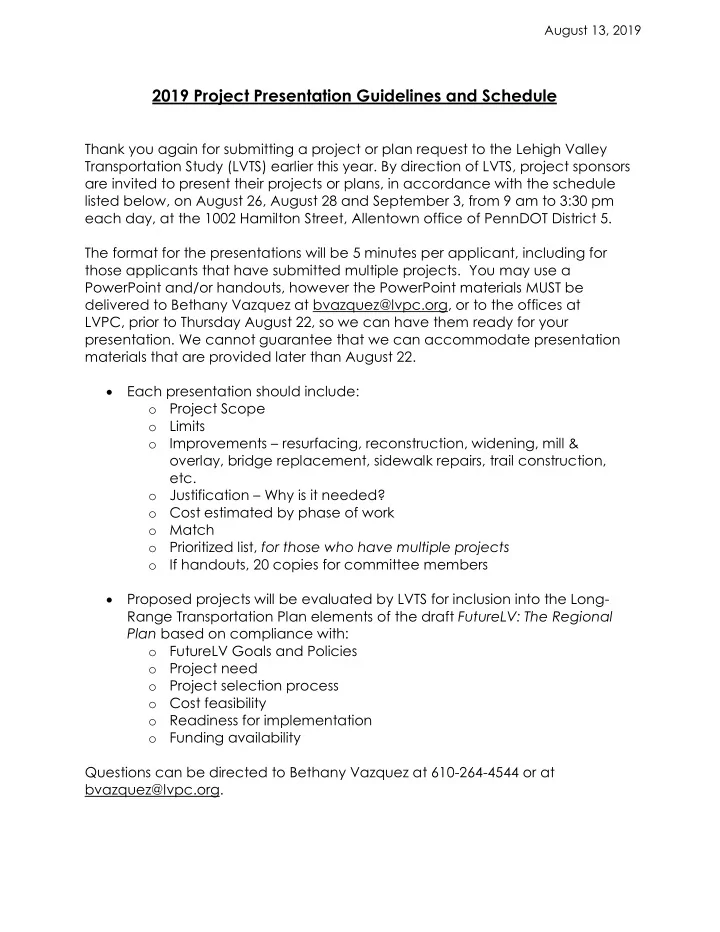 2019 project presentation guidelines and schedule