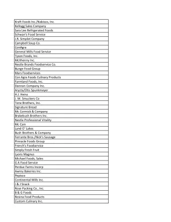 Kraft Foods Inc./Nabisco, Inc.  Kellogg Sales Company  Sara Lee Refrigerated Foods  Schwan's Food