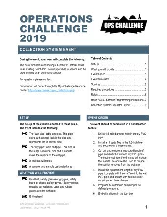 OPERATIONS  CHALLENGE 2019  COLLECTION SYSTEM EVENT  Table of Contents  During the event, your team