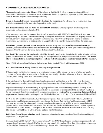 COMMISSION PRESENTATION NOTES: My name is Andrew Argenio, I live at 3 Sheila Lane in Smithfield,