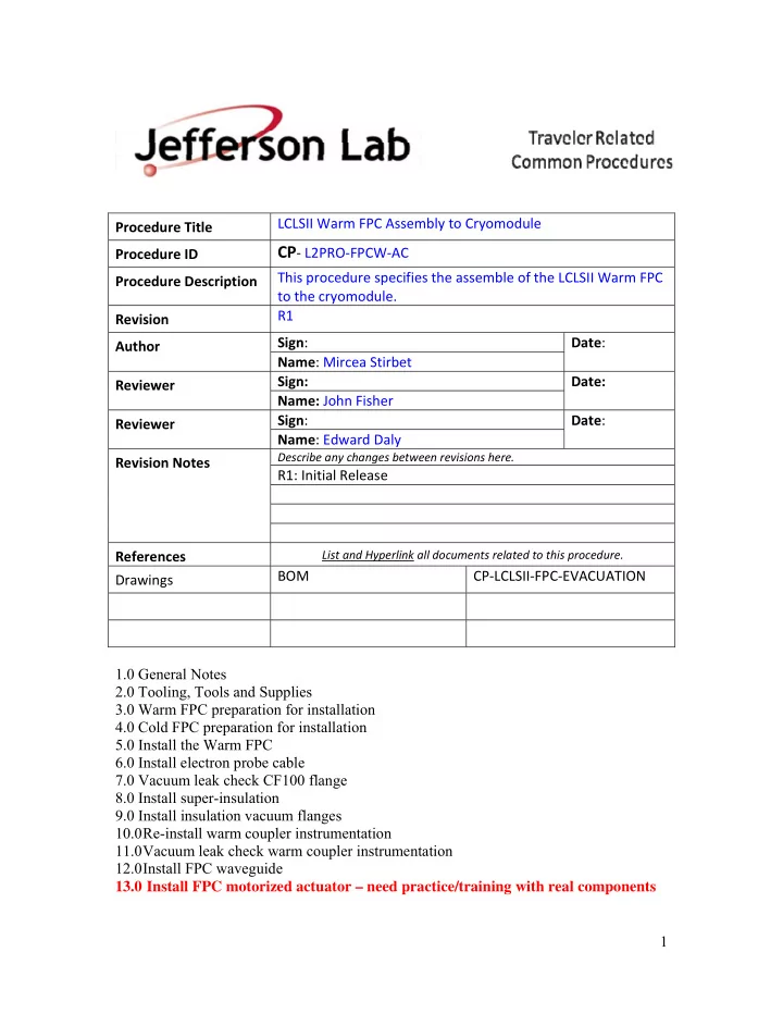 lclsii warm fpc assembly to cryomodule 1 0 general notes