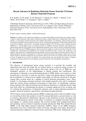 1  MPT/1-1  Recent Advances in Radiation Materials Science from the US Fusion  Reactor Materials