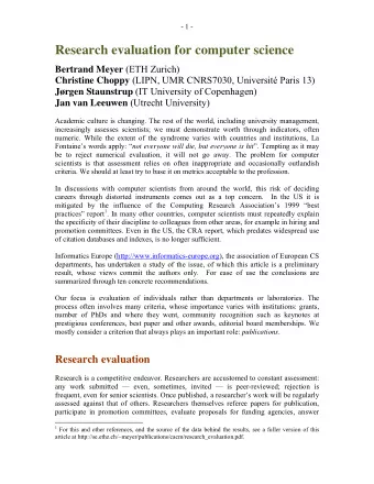 Research evaluation for computer science Bertrand Meyer (ETH Zurich) Christine Choppy (LIPN, UMR