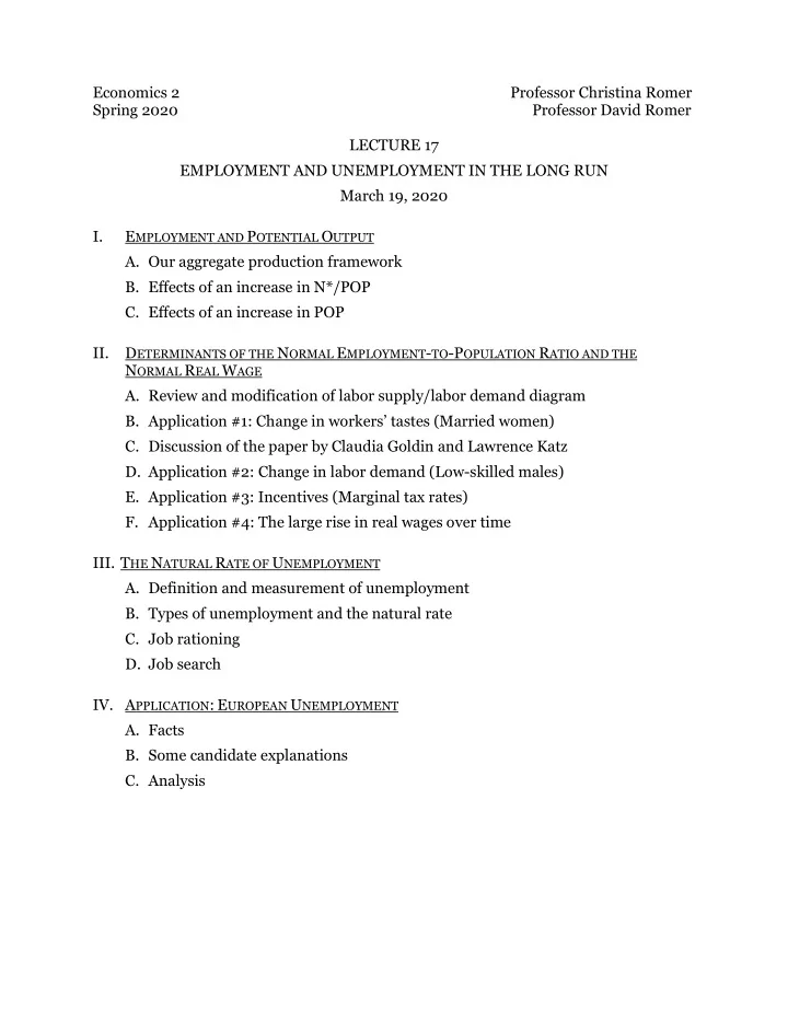 economics 2 professor christina romer spring 2020