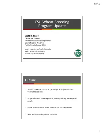 CSU Wheat Breeding  Program Update  Scott D. Haley  CSU Wheat Breeder  Soil and Crop Sciences