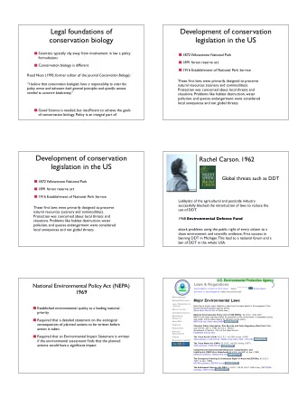 Legal foundations of  Development of conservation  conservation biology  legislation in the US