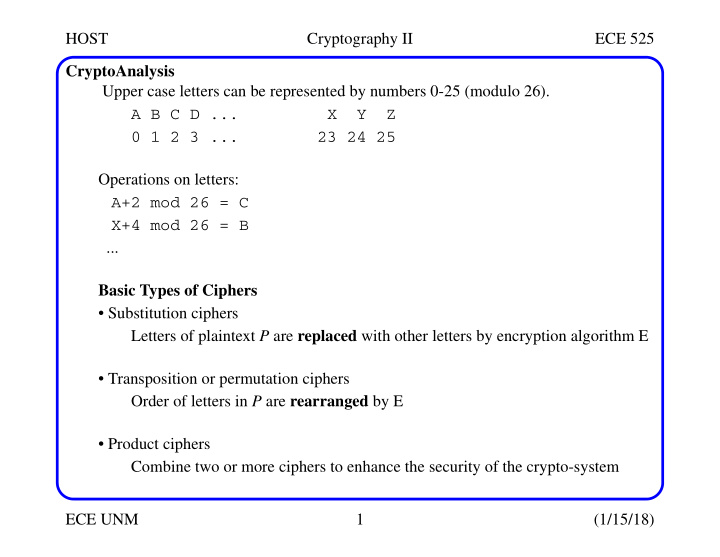 host cryptography ii ece 525 cryptoanalysis upper case