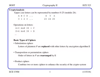 HOST  Cryptography II  ECE 525  CryptoAnalysis  Upper case letters can be represented by numbers