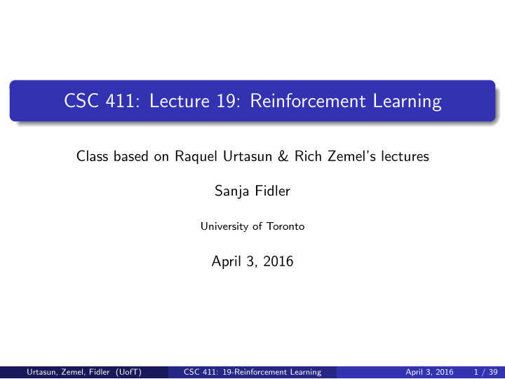 csc 411 lecture 19 reinforcement learning