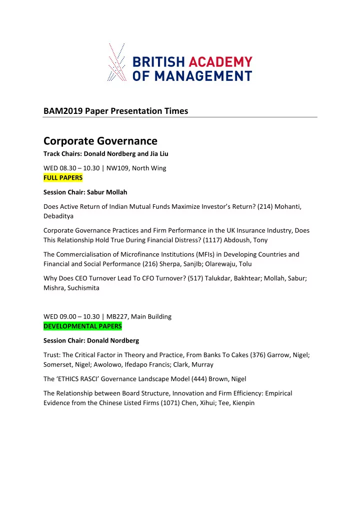 corporate governance track chairs donald nordberg and jia
