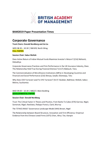 Corporate Governance Track Chairs: Donald Nordberg and Jia Liu WED 08.30  10.30 | NW109, North