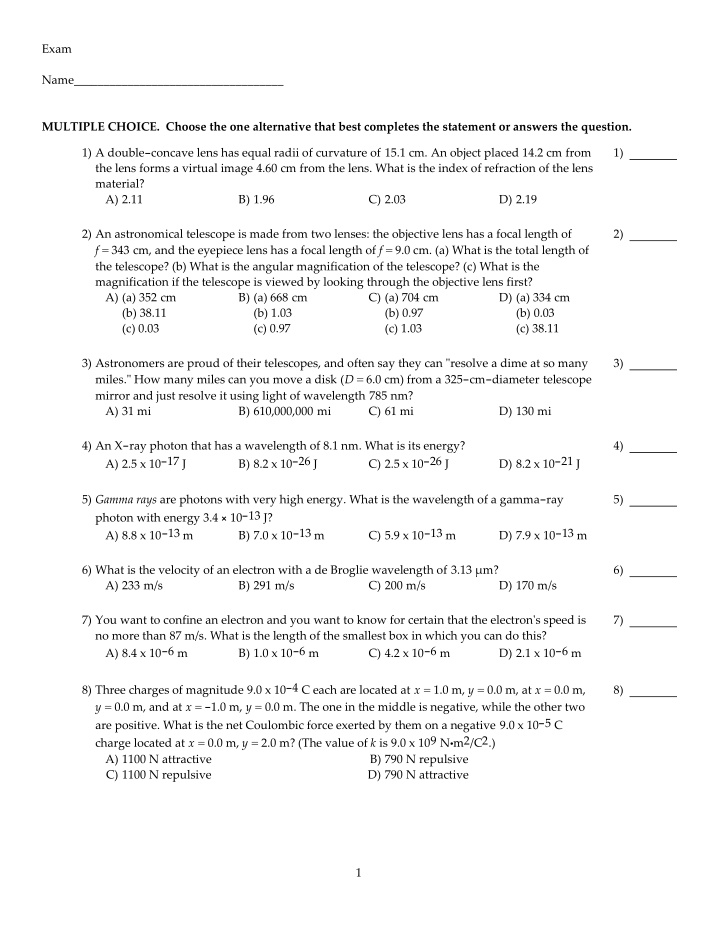 exam name multiple choice choose the one alternative that