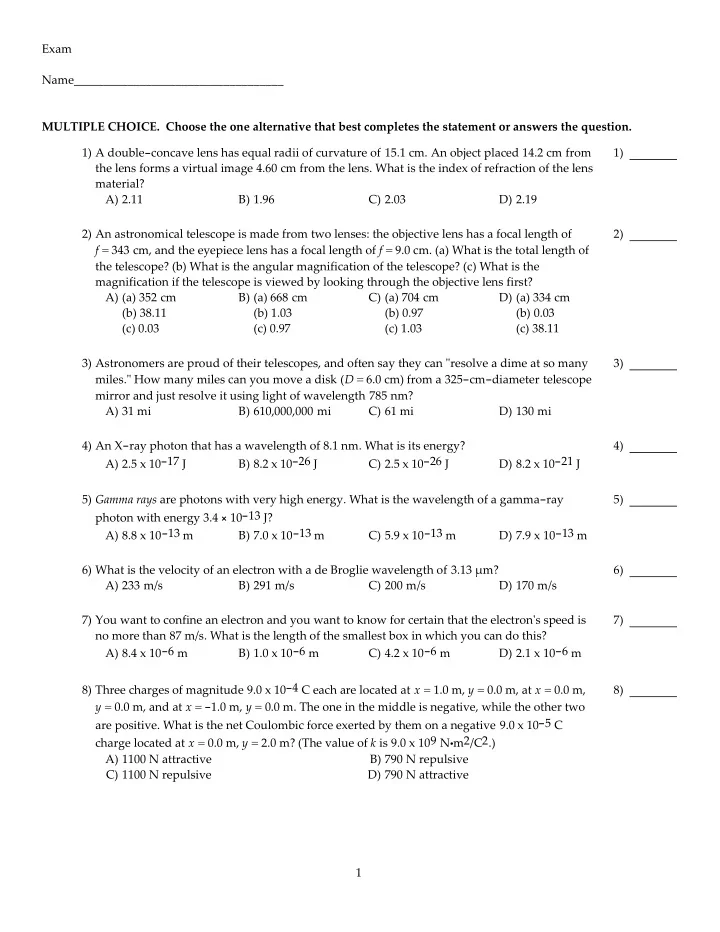 exam name multiple choice choose the one alternative that
