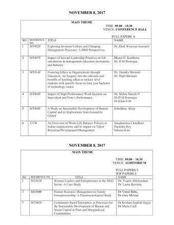 NOVEMBER 8, 2017 MAIN THEME TIME: 09.00  10.30 VENUE: CONFERENCE HALL  FULL PAPERS :6  NO