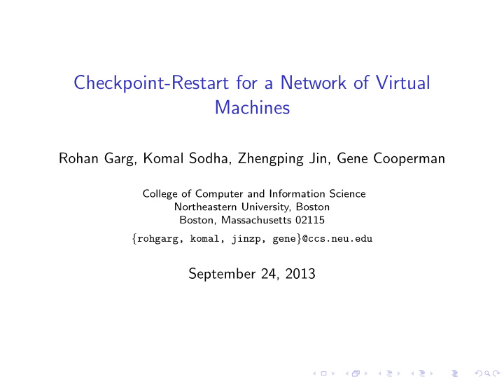 checkpoint restart for a network of virtual machines
