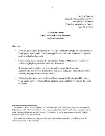 Marlyse Baptista  Linguistic Summer Institute 2013  University of Michigan  Workshop on Diachronic