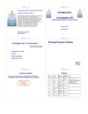 Pacing/Teacher's Notes  Investigation #8: Transformation  Click on the topic to go to that section