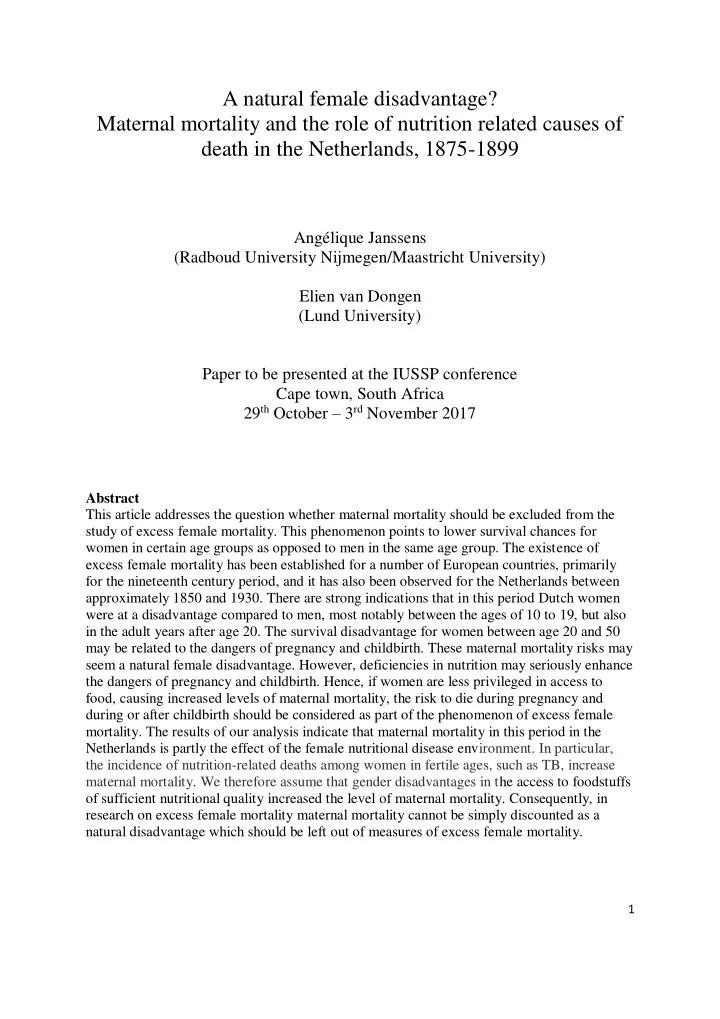 a natural female disadvantage maternal mortality and the