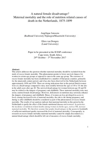 A natural female disadvantage?  Maternal mortality and the role of nutrition related causes of