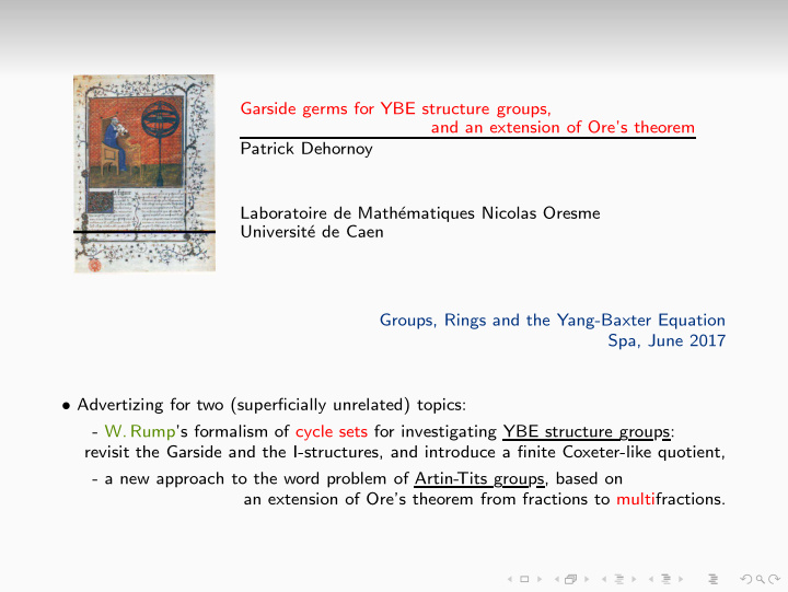 garside germs for ybe structure groups and an extension