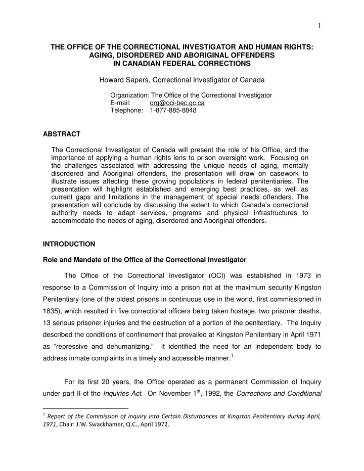 the office of the correctional investigator and human