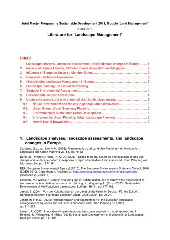Literature for Landscape Management  Inhalt 1.  Landscape analyses, landscape assessments,