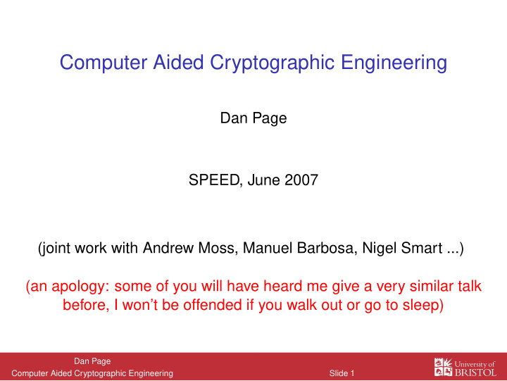 computer aided cryptographic engineering