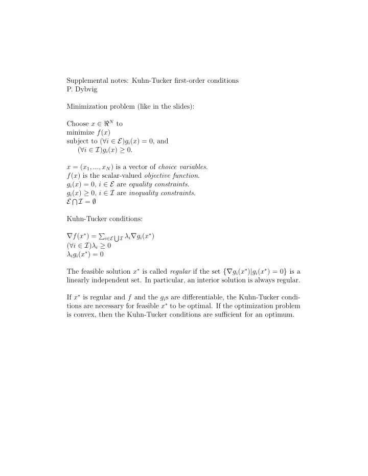 supplemental notes kuhn tucker first order conditions p