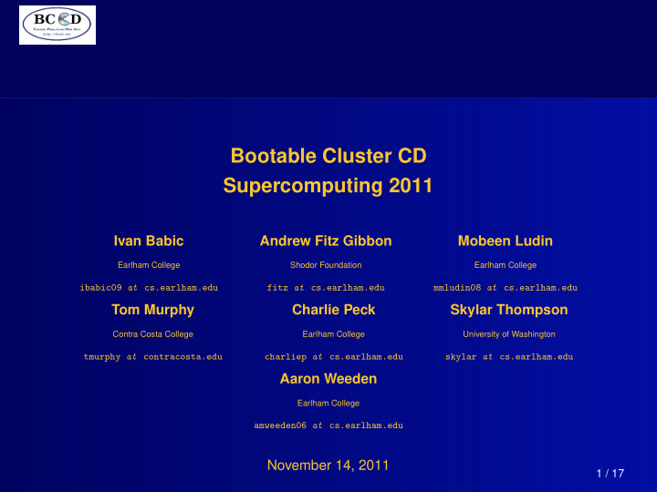 bootable cluster cd supercomputing 2011